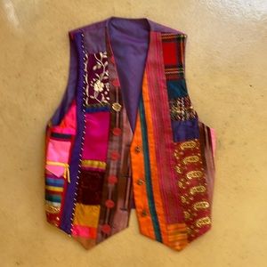 Handmade vest, pieced silks, solid back of silk with belt